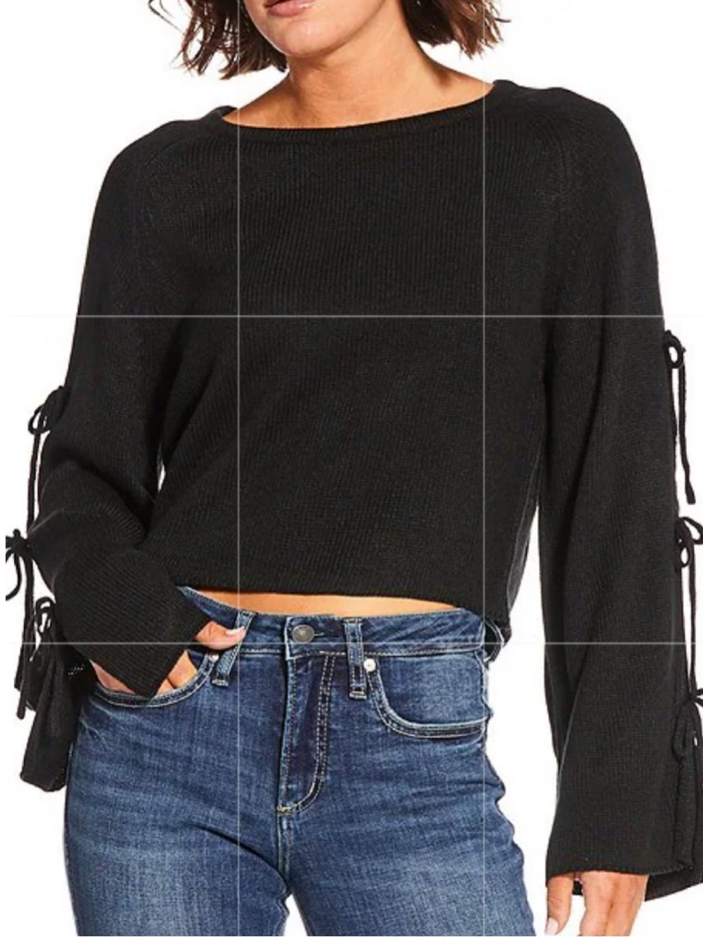 🟠NWT HYFVE Cropped Sweater w/Tie Accents on Long Bell Sleeves - Cream